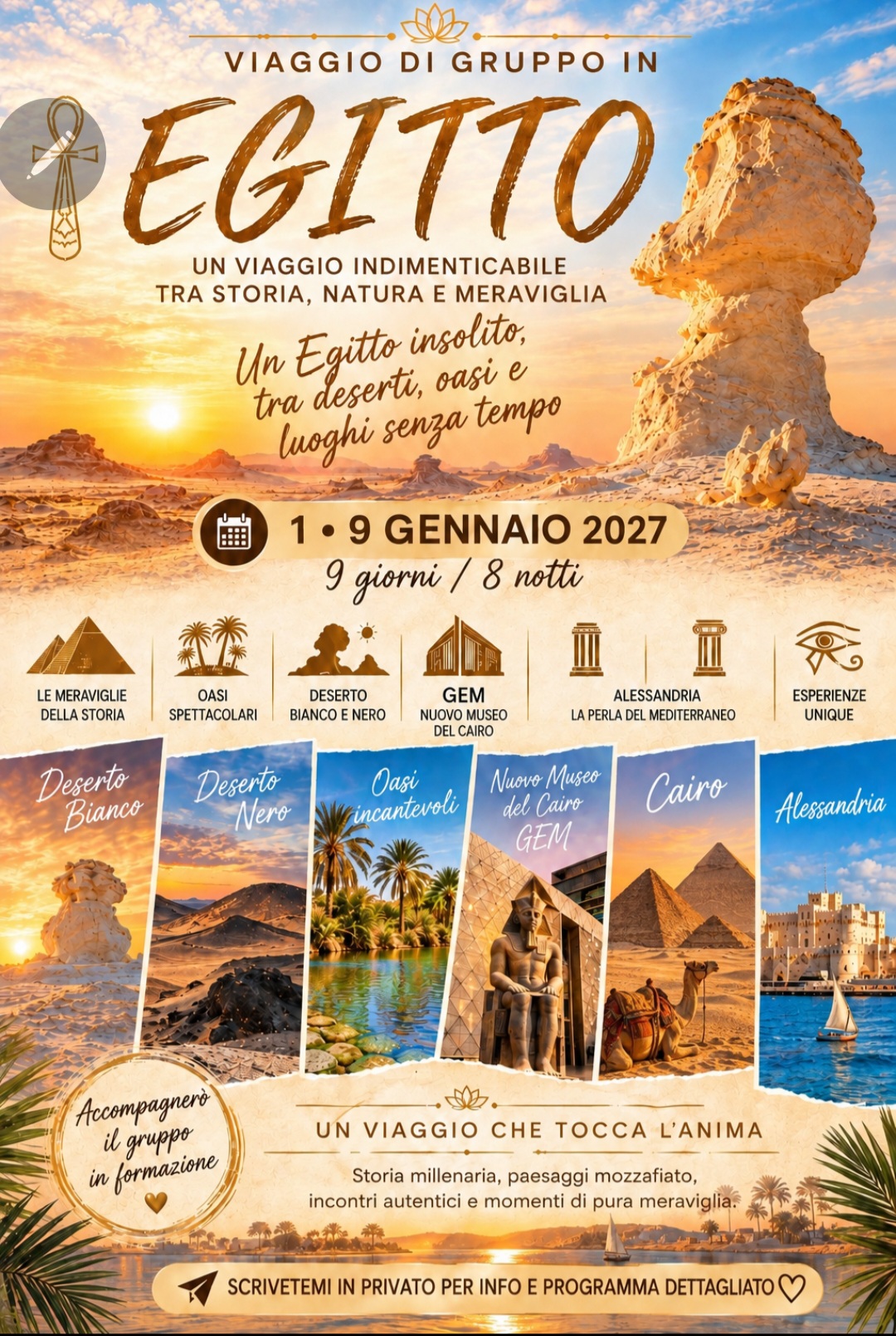 Poster del viaggio di gruppo in Egitto — un viaggio indimenticabile tra storia, natura e meraviglia